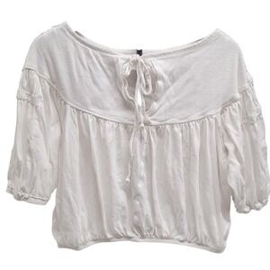 We The‎ Free White Cotton Tie Neck Peasant Blouse Top Size Large